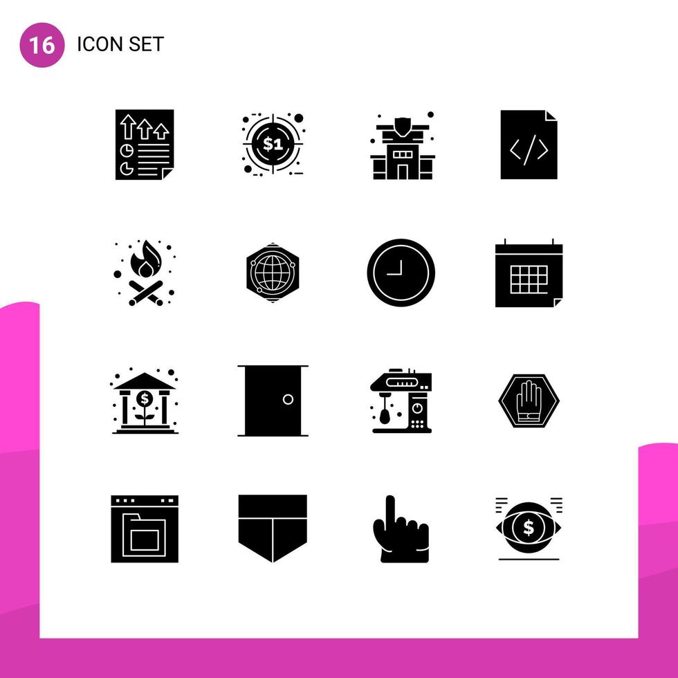 16 Solid Glyph concept for Websites Mobile and Apps party time bonfire target html code Editable Vector Design Elements