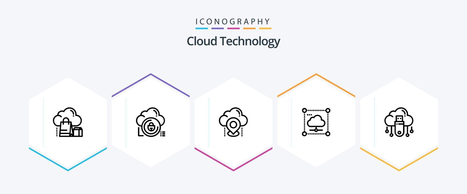 Cloud Technology 25 Line icon pack including data. cloud. lock. gps. cloud vector