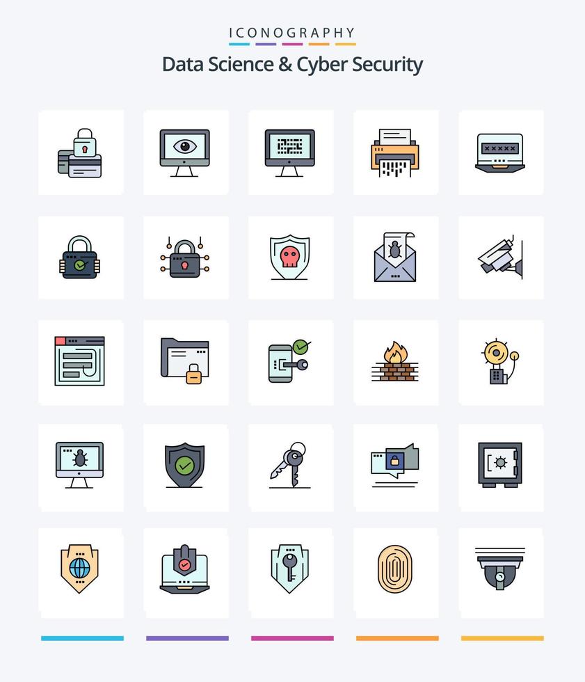 Creative Data Science And Cyber Security 25 Line FIlled icon pack  Such As problem. encryption. privacy. ddos. cryptography vector