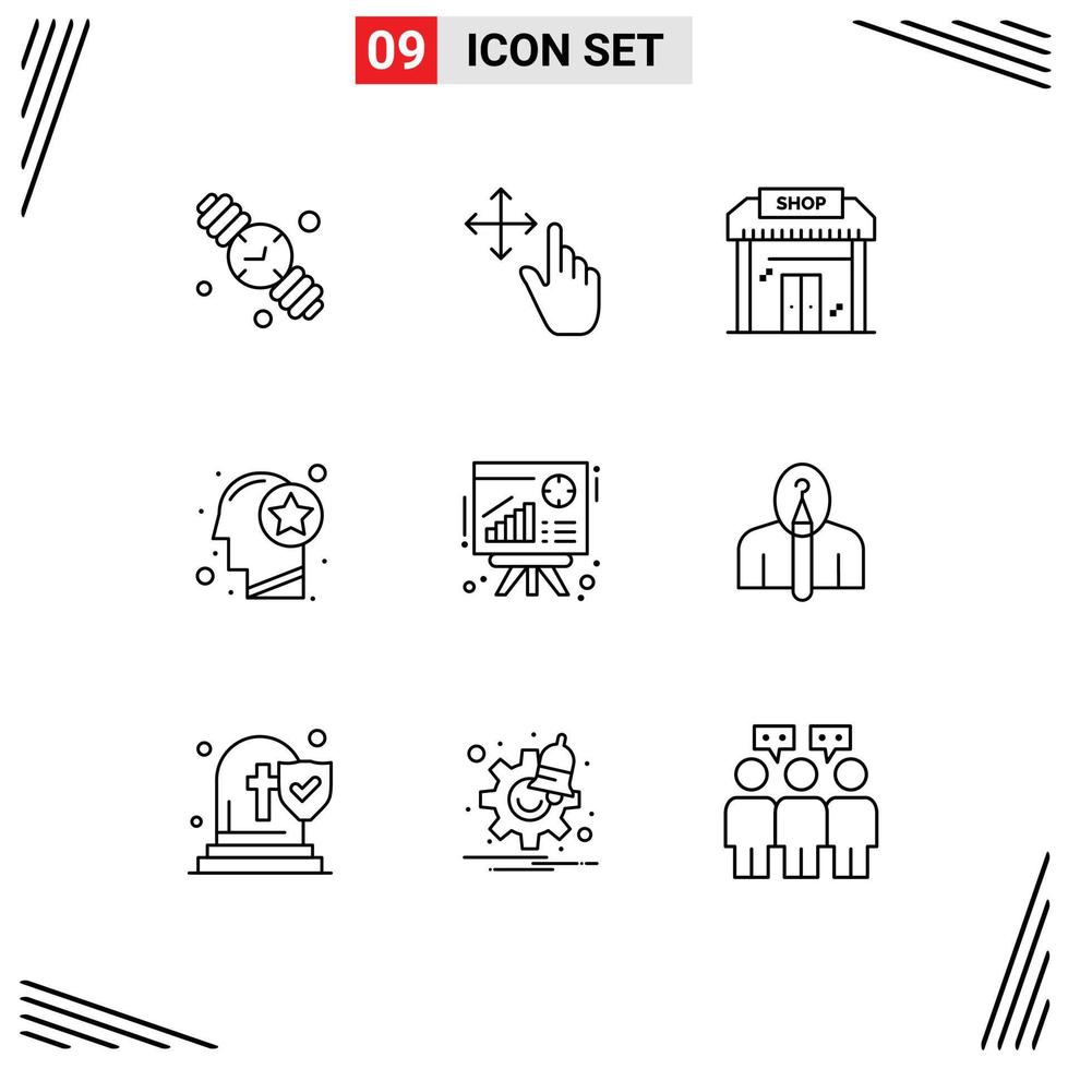 Group of 9 Outlines Signs and Symbols for graph star business mind head Editable Vector Design Elements