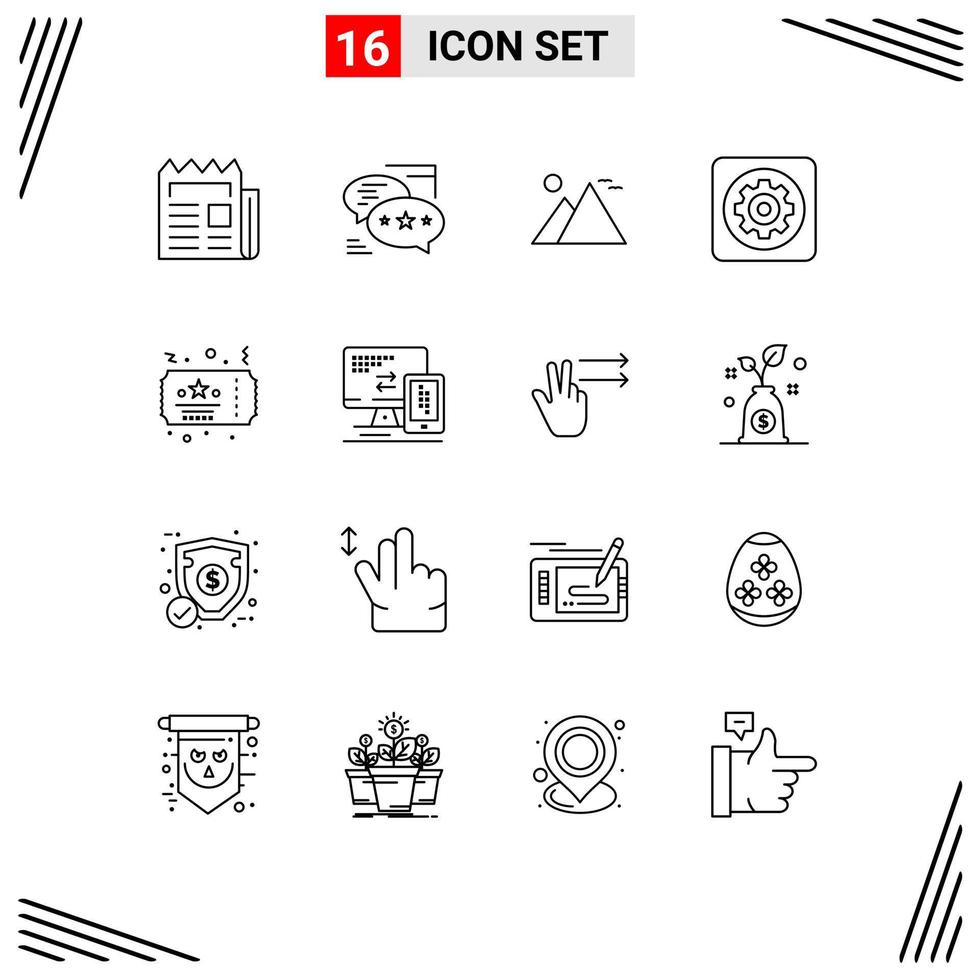 16 User Interface Outline Pack of modern Signs and Symbols of option gear messages sun landmark Editable Vector Design Elements