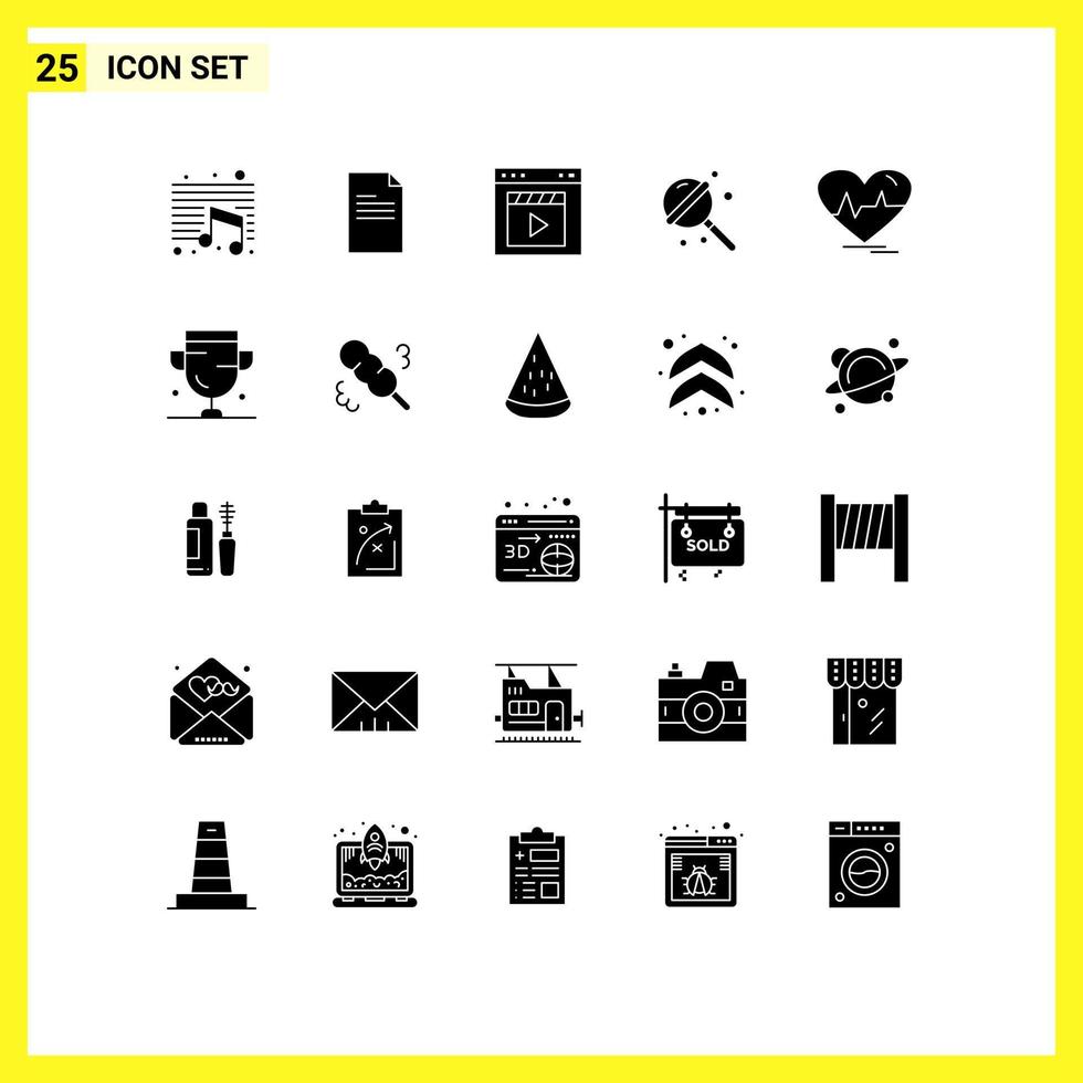 Universal Icon Symbols Group of 25 Modern Solid Glyphs of ecg sugar browser lollipop movie Editable Vector Design Elements