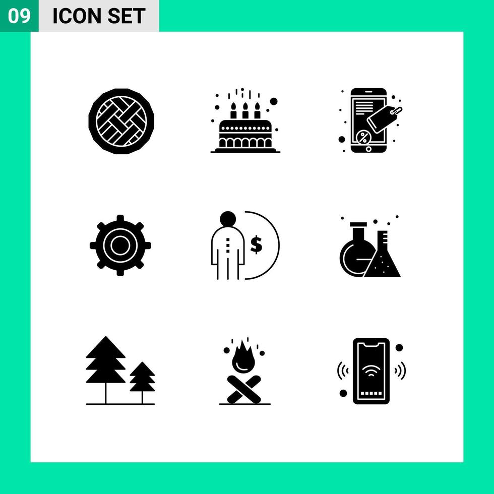 User Interface Pack of 9 Basic Solid Glyphs of finance cogs cute setting seo tag Editable Vector Design Elements