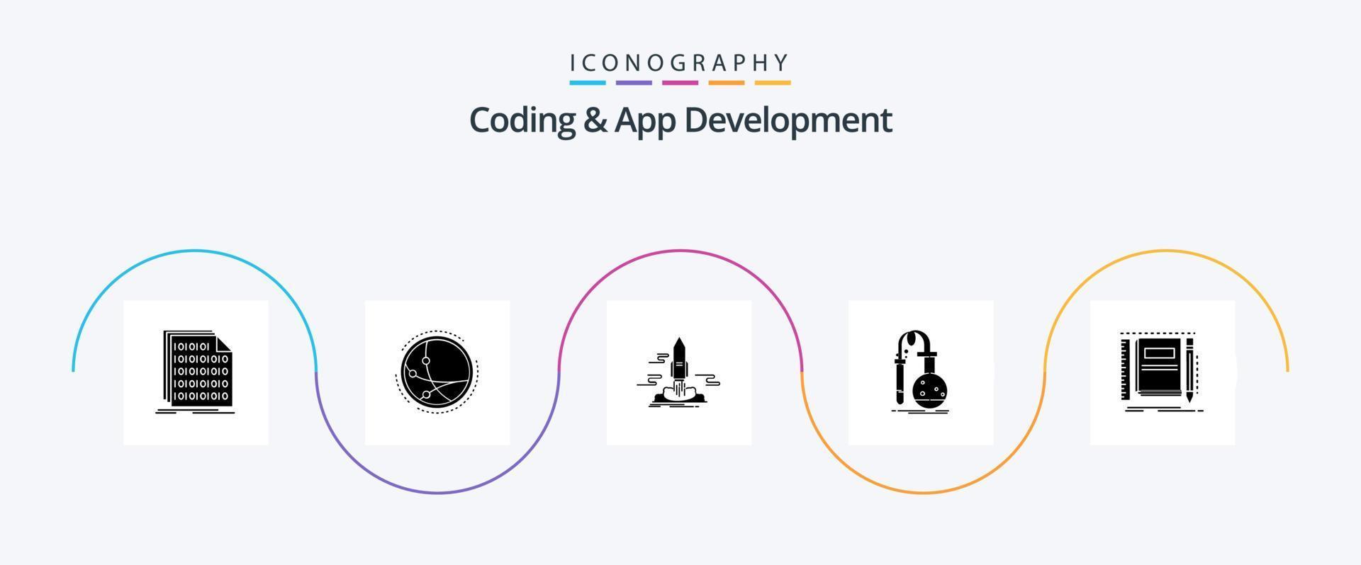 Coding And App Development Glyph 5 Icon Pack Including chemistry. internet. space. app vector