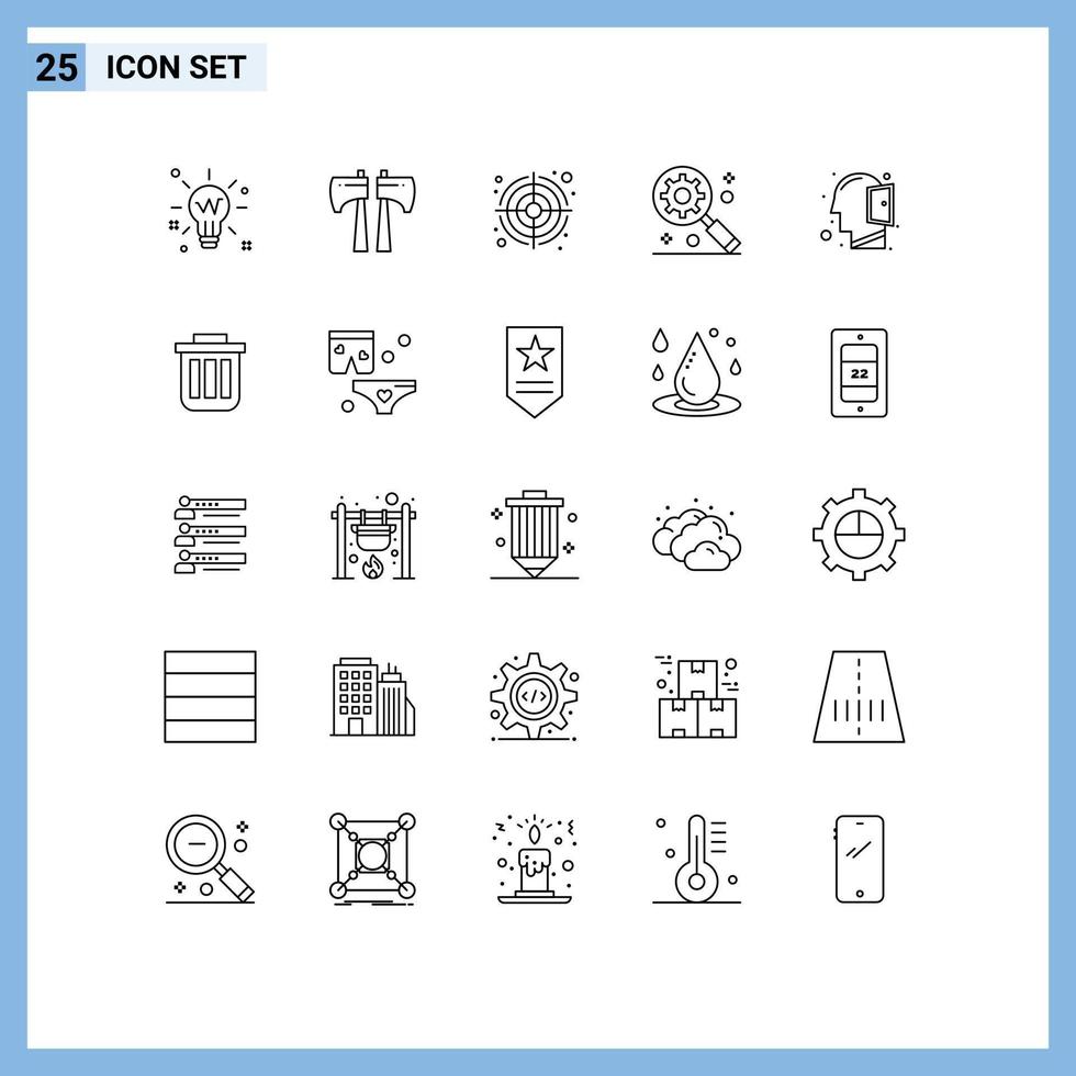 Set of 25 Vector Lines on Grid for thinking mind bulls eye head gear under magnifier Editable Vector Design Elements