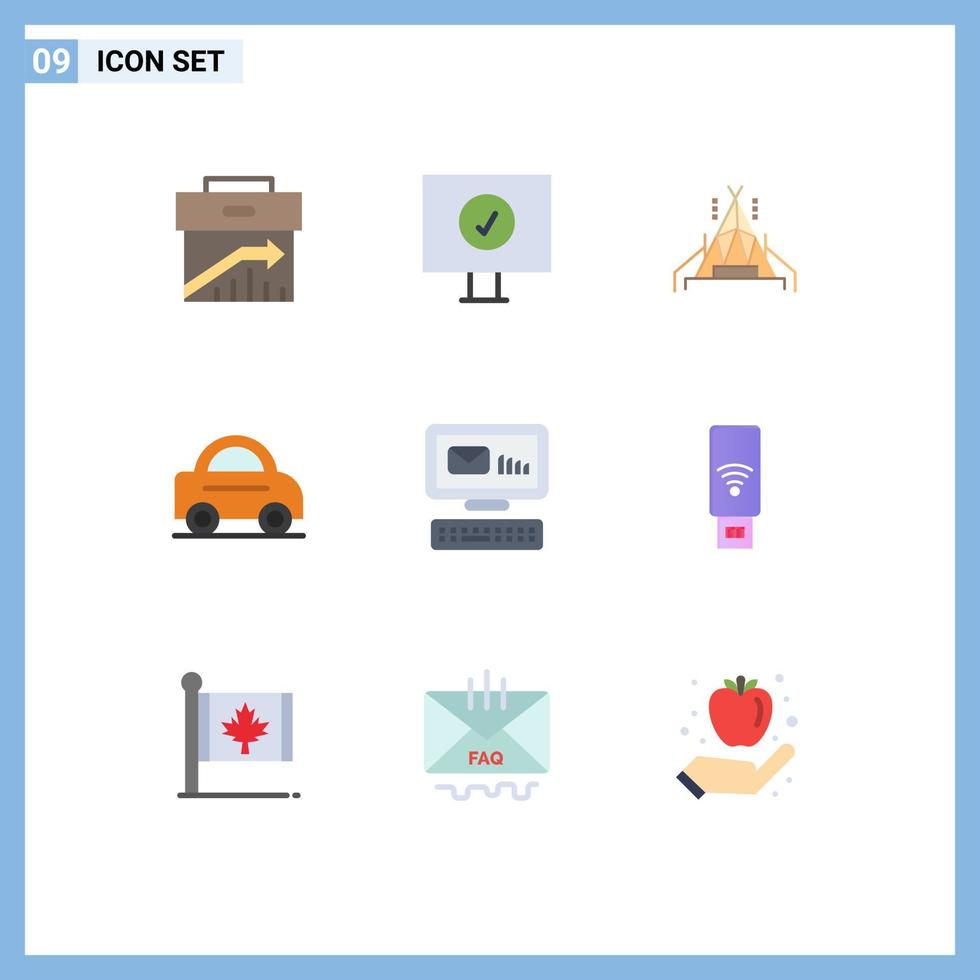 grupo de 9 9 plano colores señales y símbolos para mensaje sobre acampar correo electrónico vehículo editable vector diseño elementos