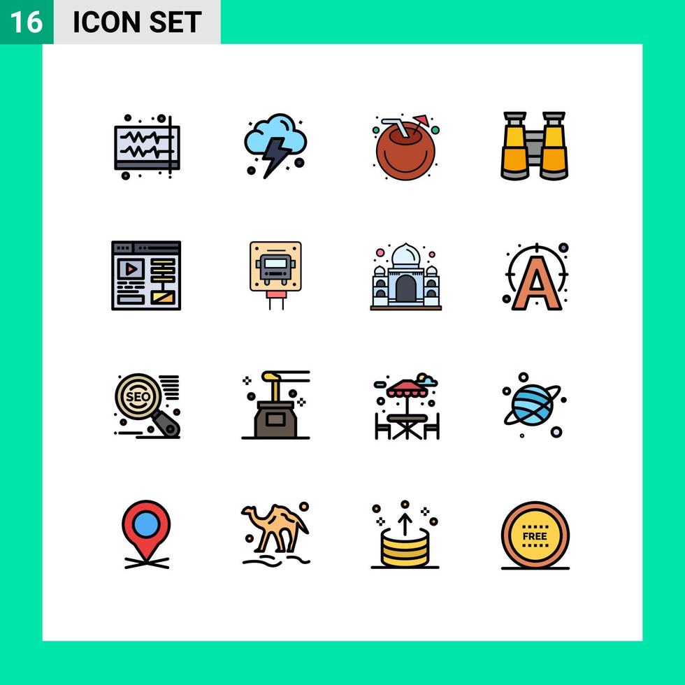 Universal Icon Symbols Group of 16 Modern Flat Color Filled Lines of web design beach watch binoculars Editable Creative Vector Design Elements