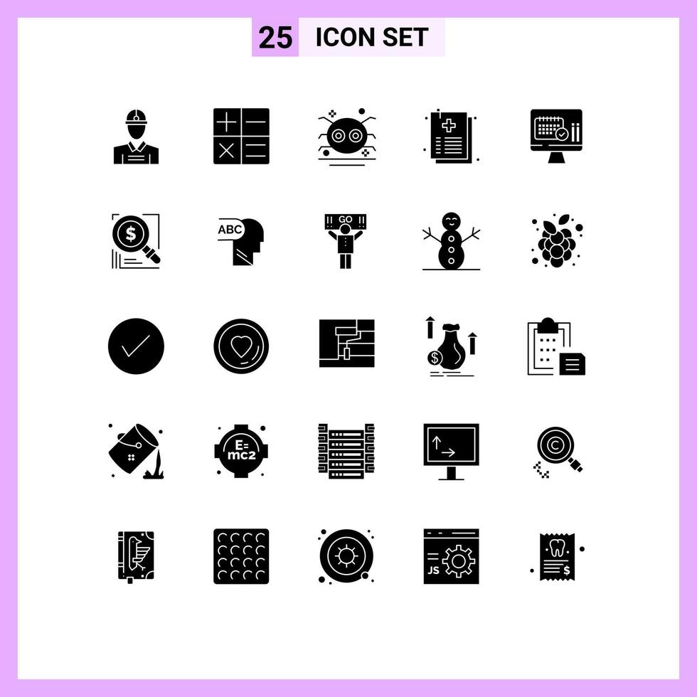 25 User Interface Solid Glyph Pack of modern Signs and Symbols of date medical scary file healthcare Editable Vector Design Elements