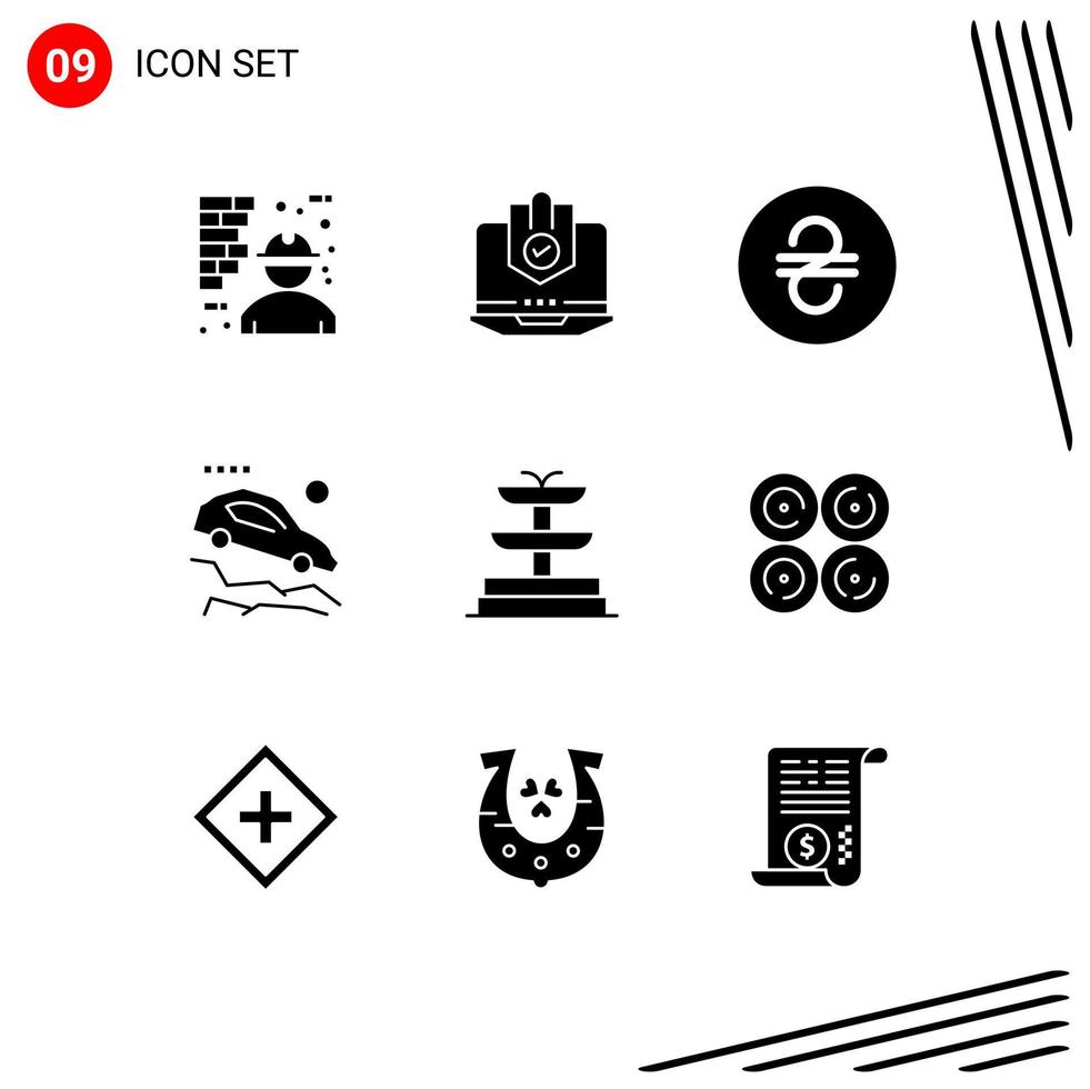 Group of 9 Solid Glyphs Signs and Symbols for falling down accident laptop ukraine hryvna Editable Vector Design Elements