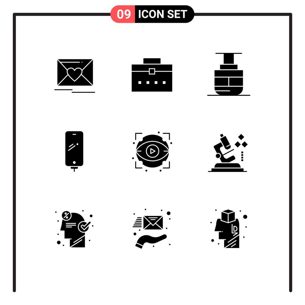 Set of 9 Vector Solid Glyphs on Grid for eye charging sky lift mobile phone Editable Vector Design Elements