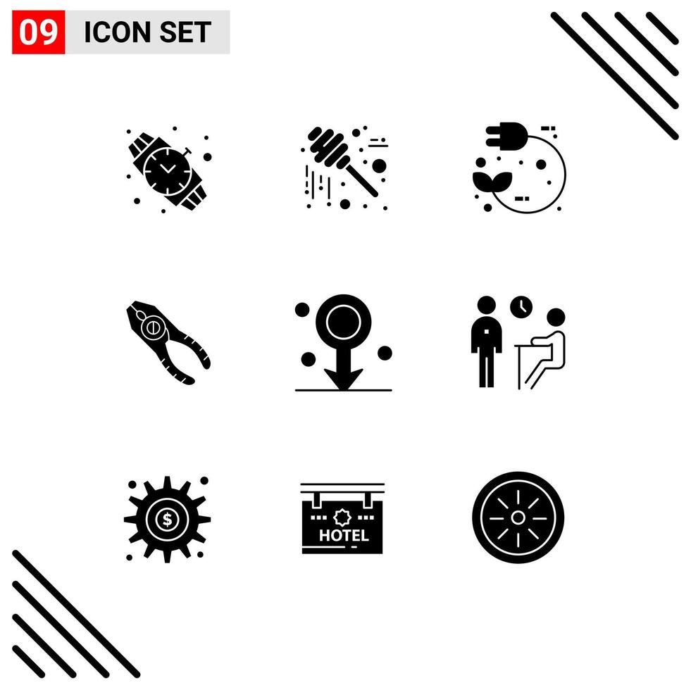 9 User Interface Solid Glyph Pack of modern Signs and Symbols of biology repair electric tongs pincers Editable Vector Design Elements