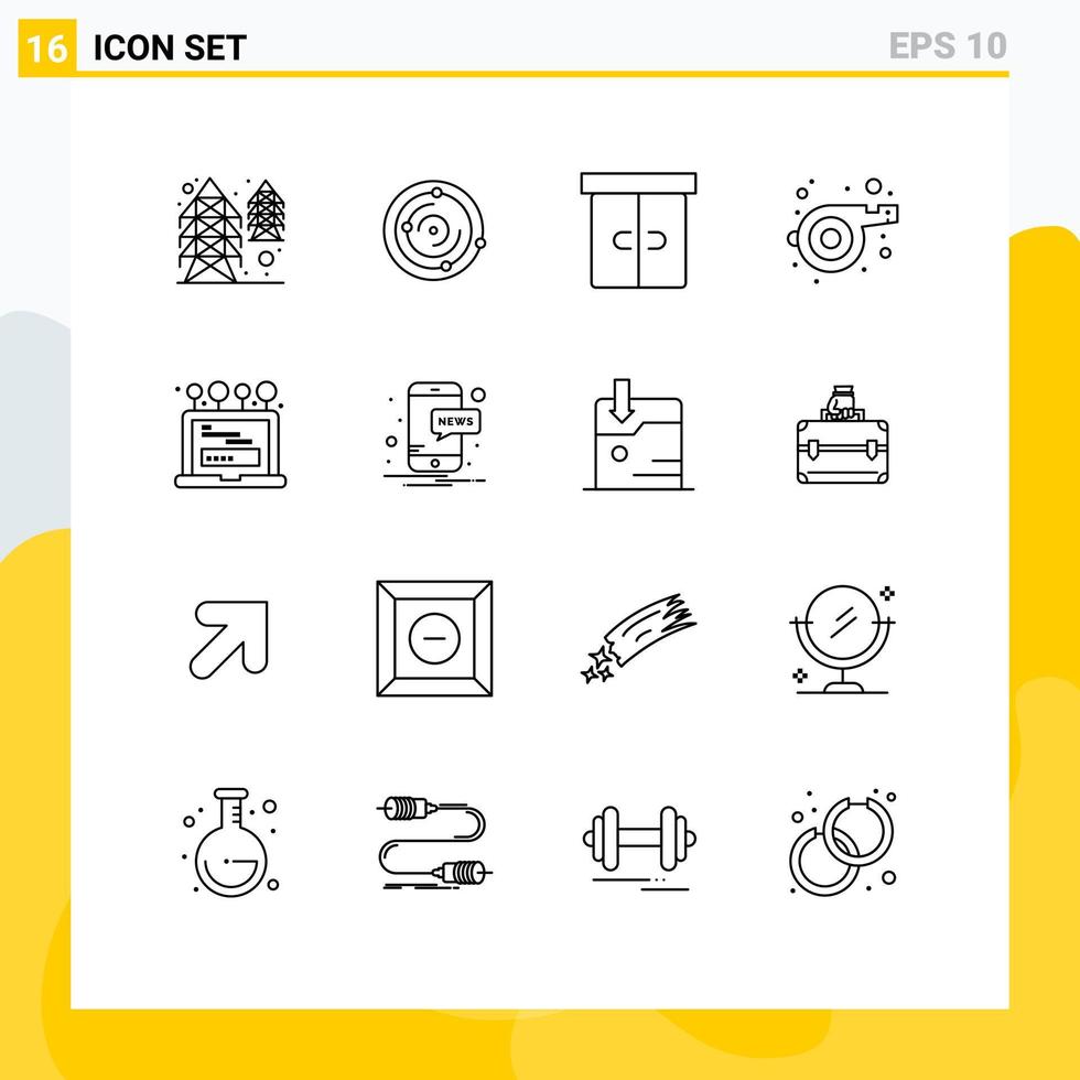 Group of 16 Outlines Signs and Symbols for login install decor whistle coach Editable Vector Design Elements