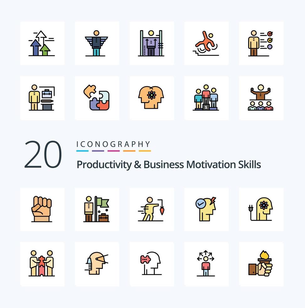 20 Productivity And Business Motivation Skills Line Filled Color icon Pack like power mode activate mind flag brain false vector