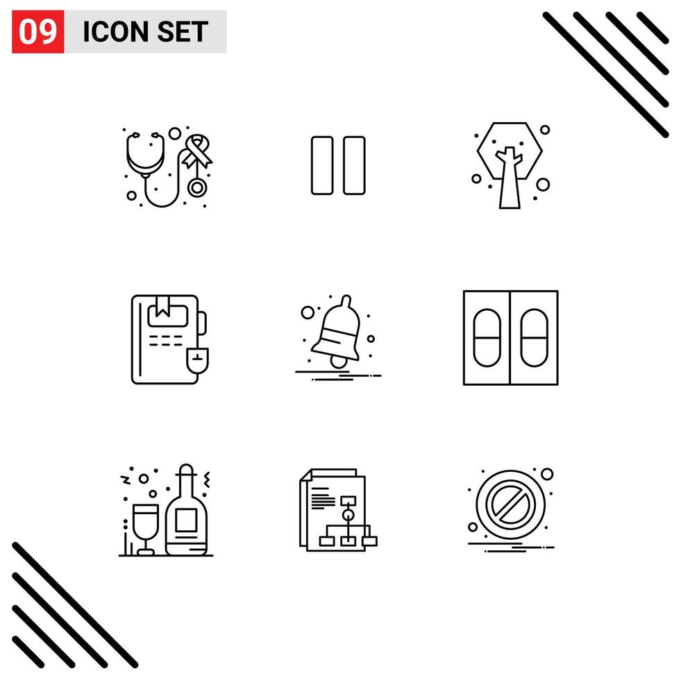 Pack of 9 Modern Outlines Signs and Symbols for Web Print Media such as notify bell earth day knowledge book Editable Vector Design Elements