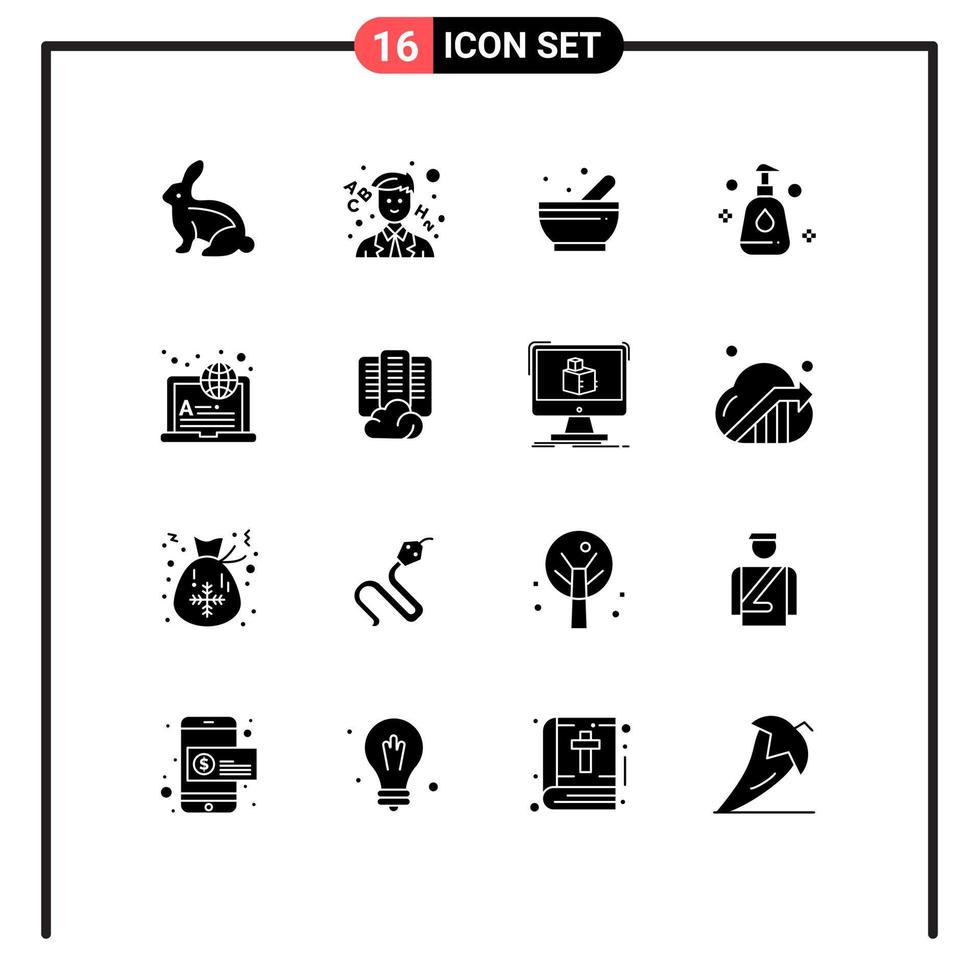 Solid Glyph Pack of 16 Universal Symbols of cloud learning soup internet clean Editable Vector Design Elements