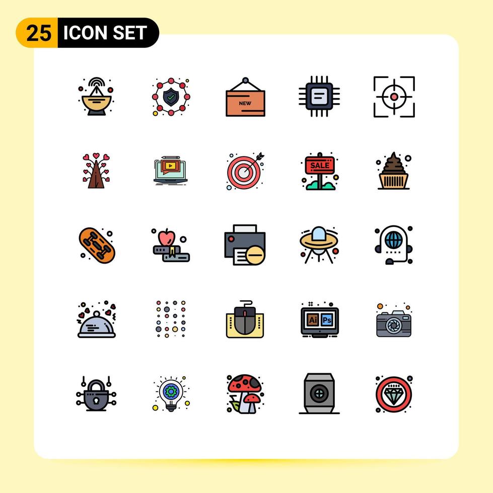 Pack of 25 creative Filled line Flat Colors of focus aim new processor cpu Editable Vector Design Elements