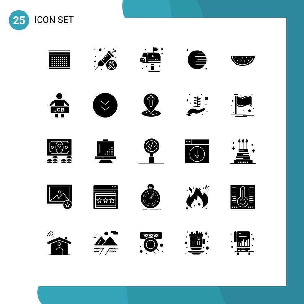 Pack of 25 Modern Solid Glyphs Signs and Symbols for Web Print Media such as summer fruits city space astronomy Editable Vector Design Elements