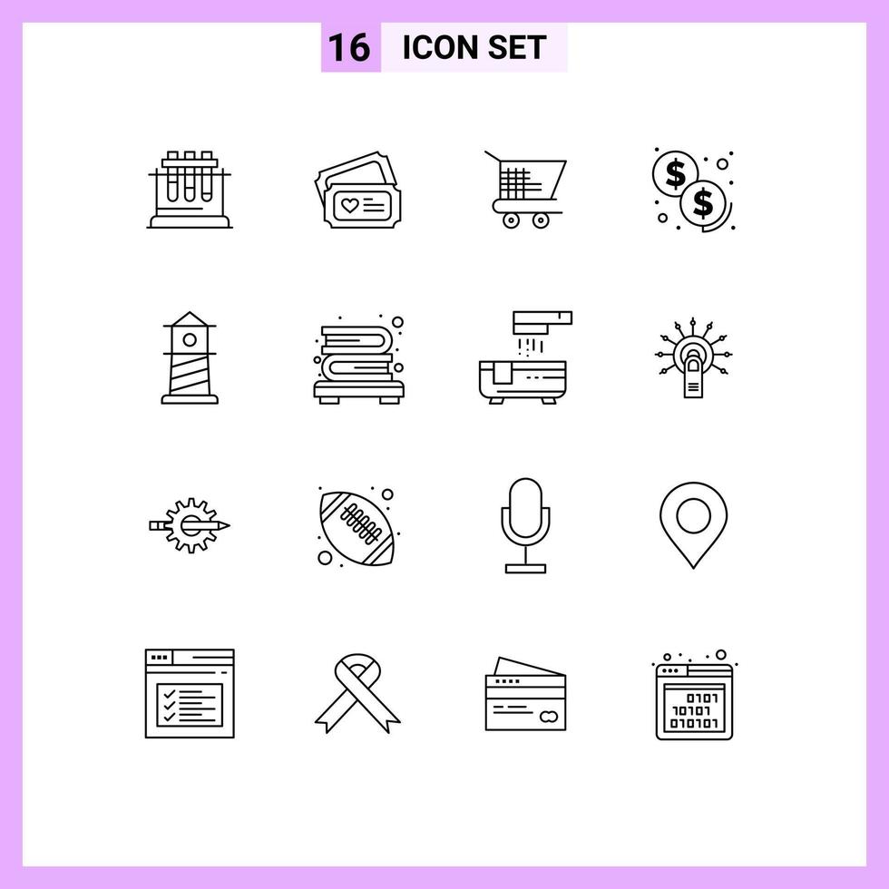 16 Creative Icons Modern Signs and Symbols of bookcase lighthouse cart beach investment Editable Vector Design Elements