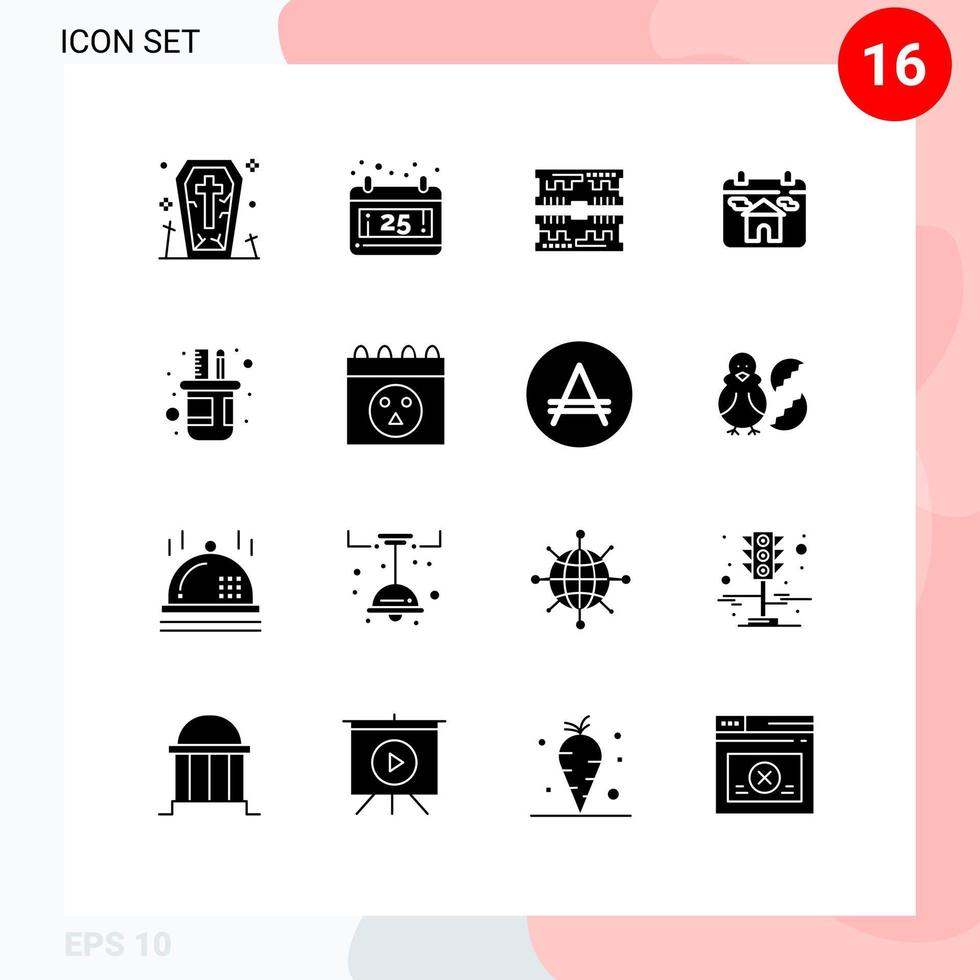 Set of 16 Vector Solid Glyphs on Grid for pencil box holder component house real estate Editable Vector Design Elements