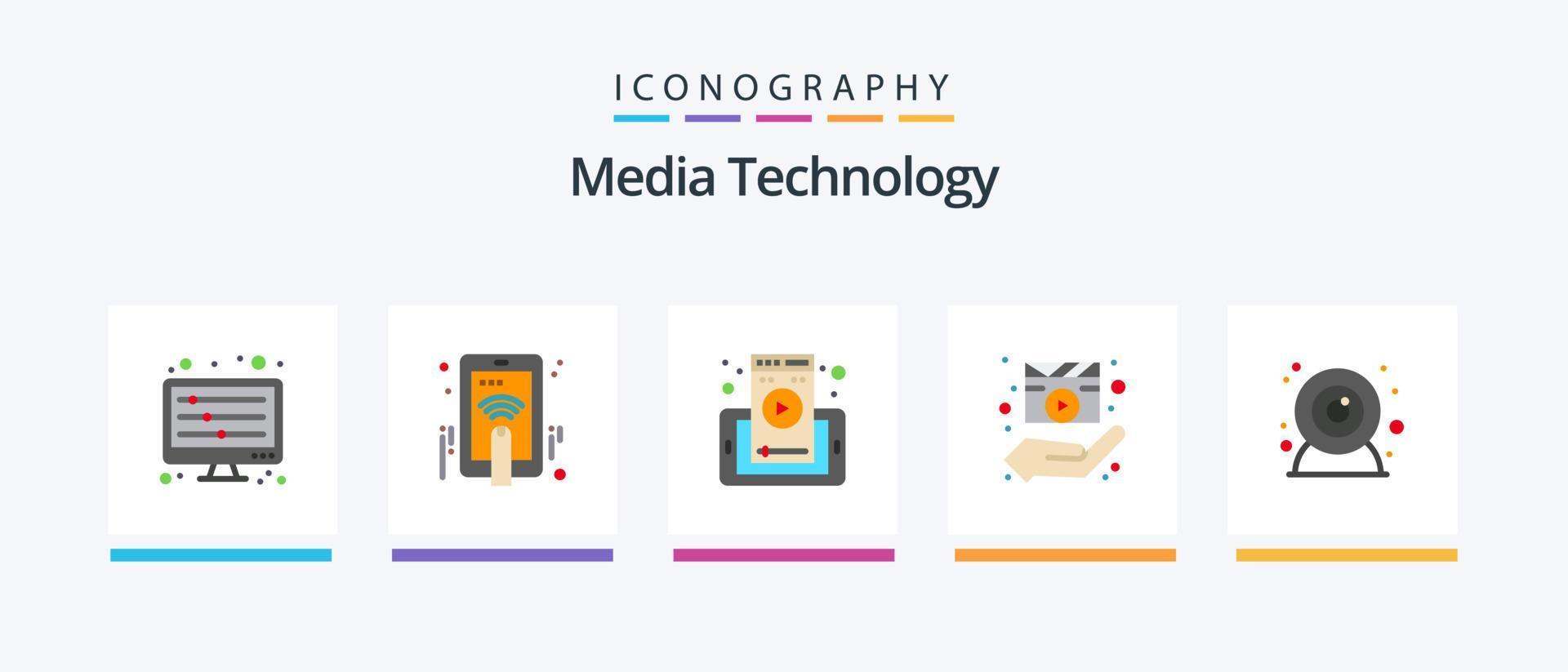 medios de comunicación tecnología plano 5 5 icono paquete incluso cámara. medios de comunicación jugador. web página. manos. director. creativo íconos diseño vector