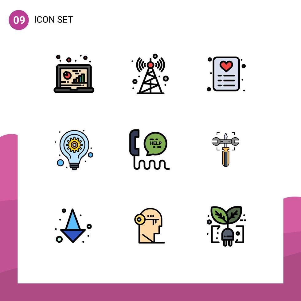 User Interface Pack of 9 Basic Filledline Flat Colors of communication call shopping seo gear idea Editable Vector Design Elements