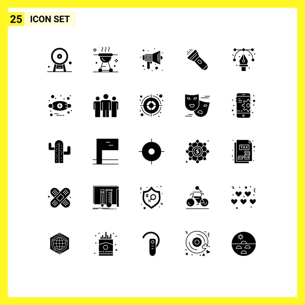 Editable Vector Line Pack of 25 Simple Solid Glyphs of torch flashlight grill speaker school Editable Vector Design Elements