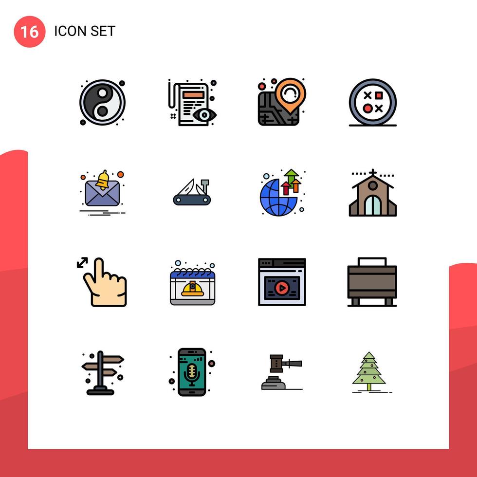 grupo de dieciséis plano color lleno líneas señales y símbolos para notificación alerta mapa forma desarrollo editable creativo vector diseño elementos
