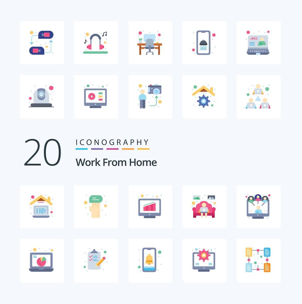 20 Work From Home Flat Color icon Pack like communication worker graph work from home notebook vector