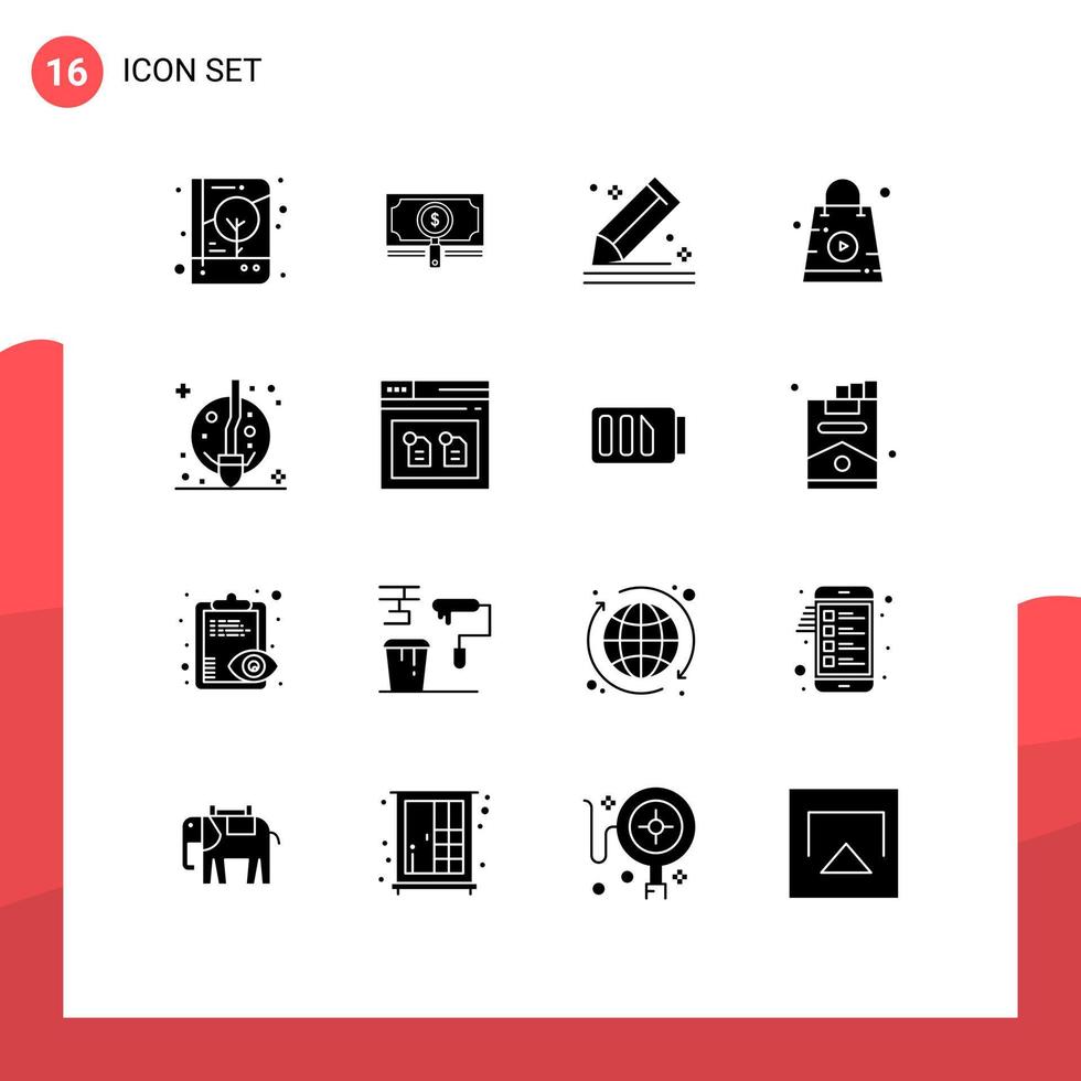 Set of 16 Vector Solid Glyphs on Grid for store online loan stationery pencil Editable Vector Design Elements