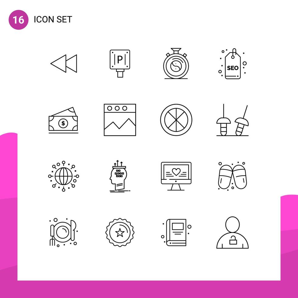 Mobile Interface Outline Set of 16 Pictograms of money tag clock seo tag badge Editable Vector Design Elements