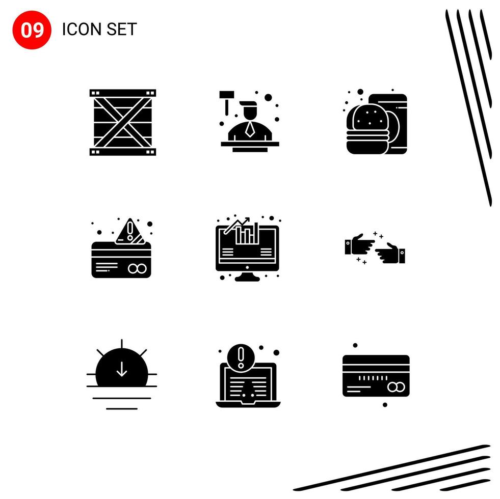 Mobile Interface Solid Glyph Set of 9 Pictograms of analysis credit law card food Editable Vector Design Elements