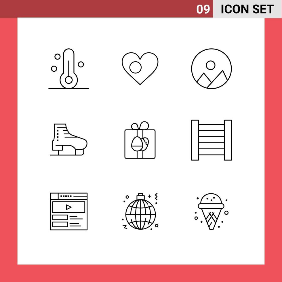 Mobile Interface Outline Set of 9 Pictograms of gift skates flag skate boot Editable Vector Design Elements