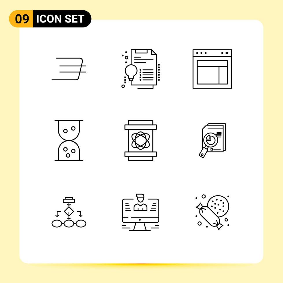 9 User Interface Outline Pack of modern Signs and Symbols of research science layout danger sand clock Editable Vector Design Elements