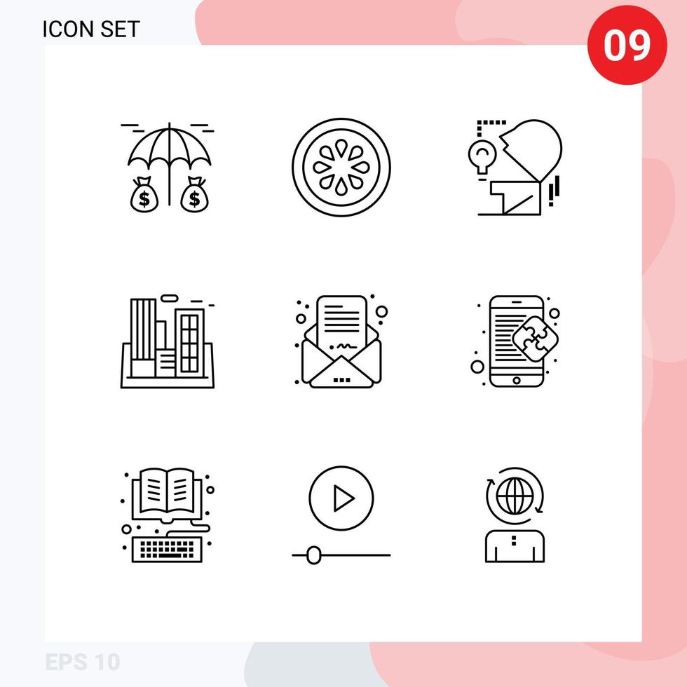 Outline Pack of 9 Universal Symbols of email company mind building industry Editable Vector Design Elements