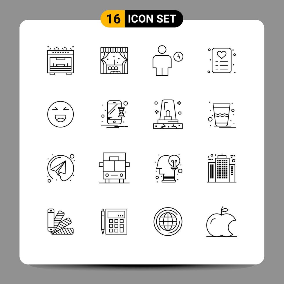 Group of 16 Outlines Signs and Symbols for happy emoji electricity chat love Editable Vector Design Elements