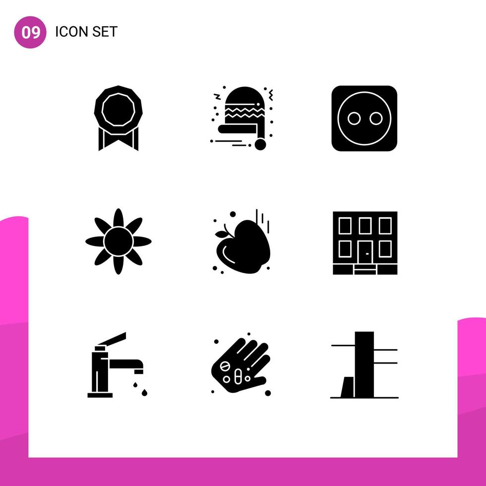 Pack of 9 Modern Solid Glyphs Signs and Symbols for Web Print Media such as house building tools apple gym Editable Vector Design Elements