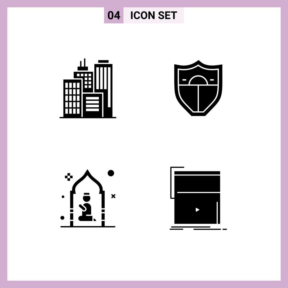 Solid Glyph Pack of 4 Universal Symbols of building man shield mosque marketing Editable Vector Design Elements