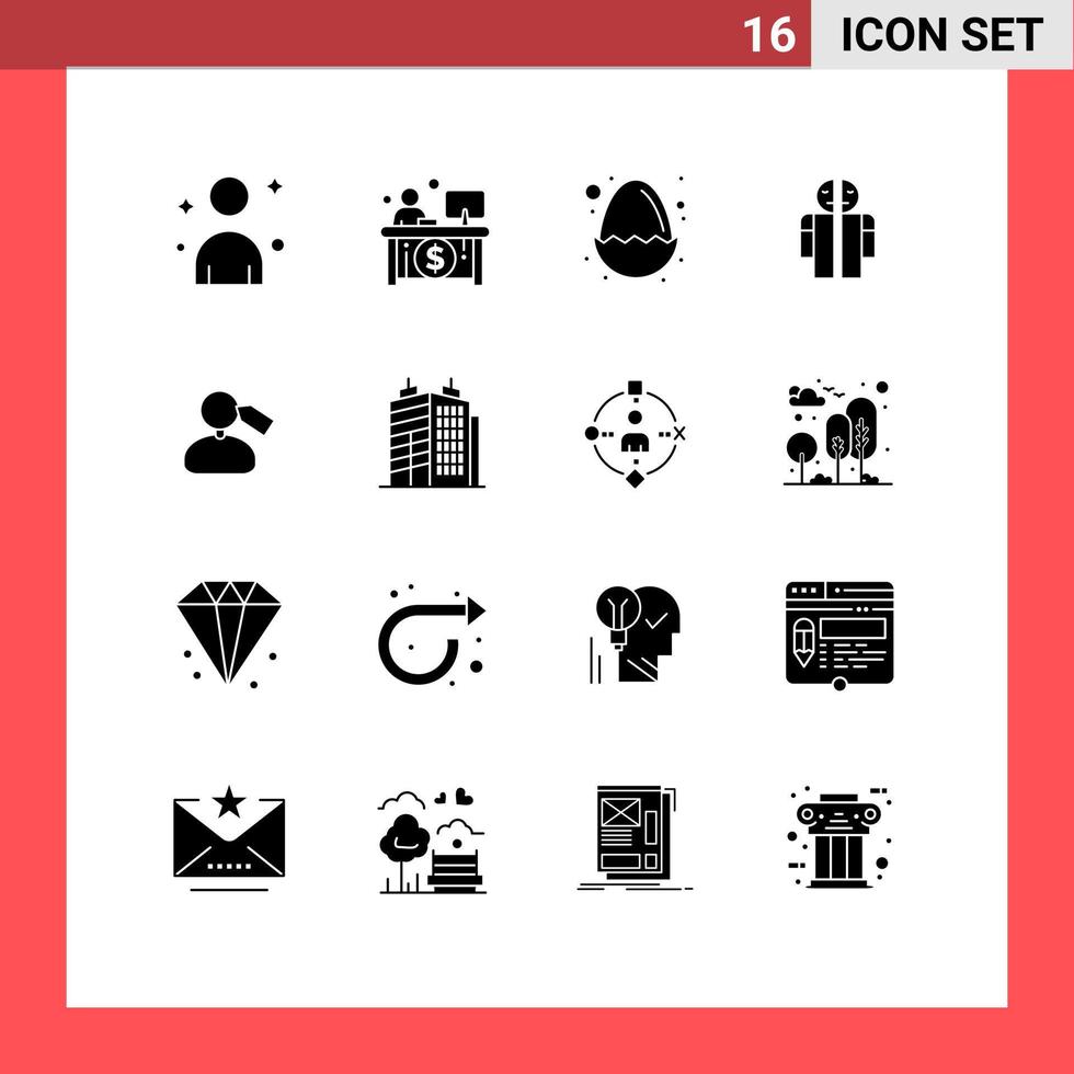 Group of 16 Modern Solid Glyphs Set for mane tag easter human broken Editable Vector Design Elements