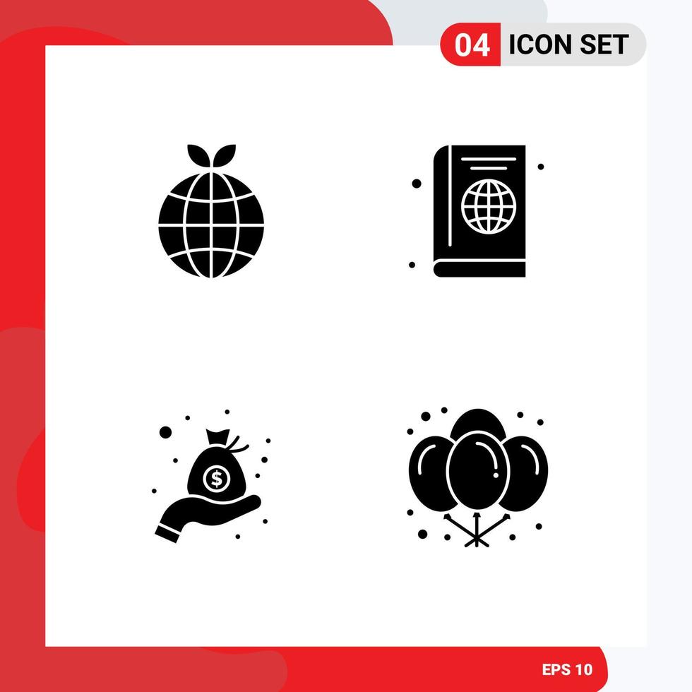 Mobile Interface Solid Glyph Set of 4 Pictograms of earth investment passport globe bag Editable Vector Design Elements