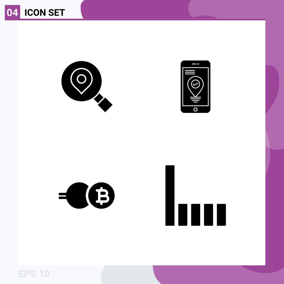 4 Thematic Vector Solid Glyphs and Editable Symbols of research coin location pointer crypto currency Editable Vector Design Elements