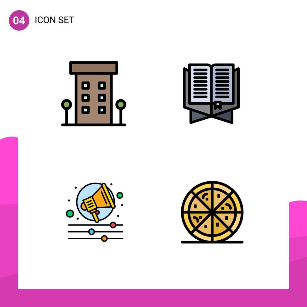 Filledline Flat Color Pack of 4 Universal Symbols of buildings bookmark shops book campaign Editable Vector Design Elements