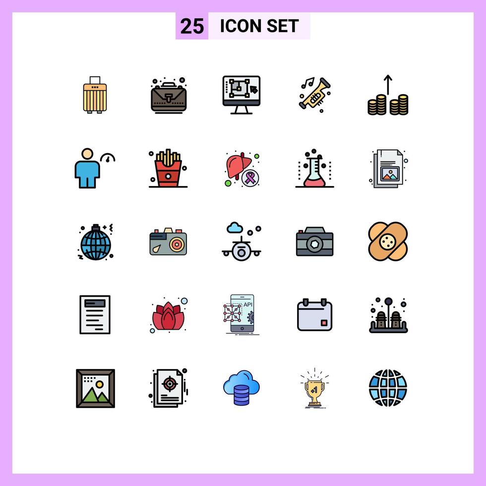 Pack of 25 Modern Filled line Flat Colors Signs and Symbols for Web Print Media such as trumpet horn computer car increase Editable Vector Design Elements