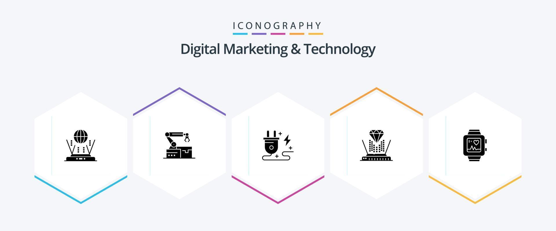 Digital Marketing And Technology 25 Glyph icon pack including watch. diamond. energy. technology. hologram vector