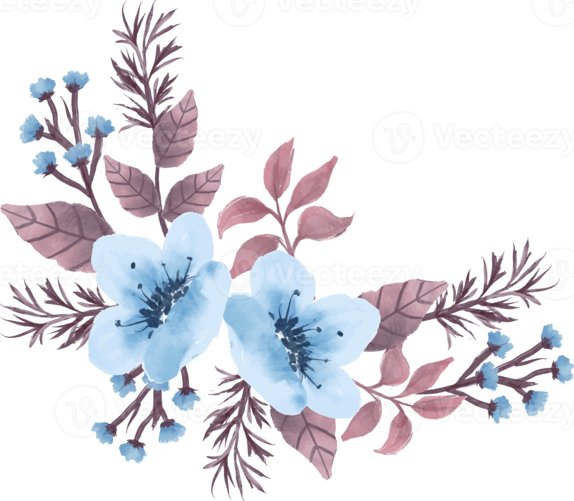 beautiful arrangement of blue flowers and brown leaves watercolor illustration png