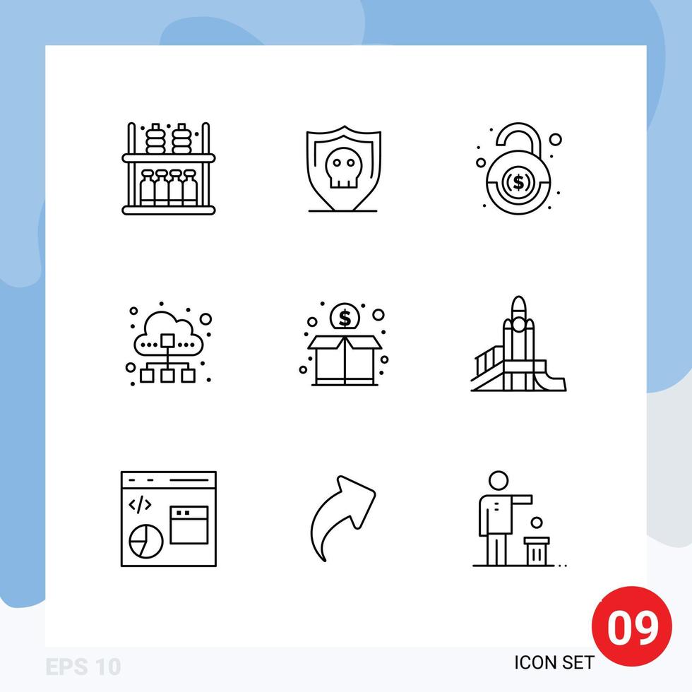 Mobile Interface Outline Set of 9 Pictograms of crowd data traffic bank technology cloud Editable Vector Design Elements