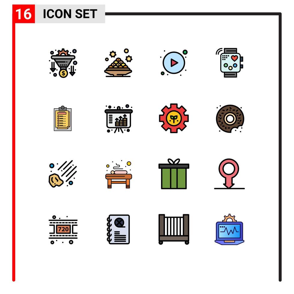 Group of 16 Flat Color Filled Lines Signs and Symbols for card heartbeat dish fitness activity Editable Creative Vector Design Elements