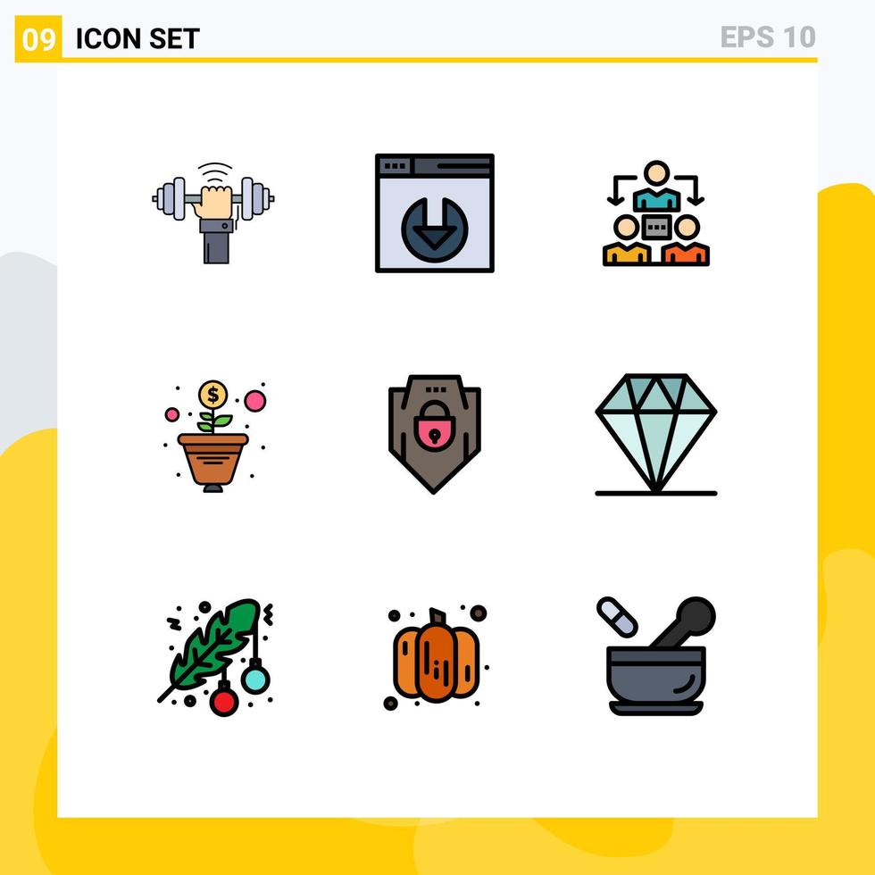 Pictogram Set of 9 Simple Filledline Flat Colors of shield internet connection tree growth Editable Vector Design Elements