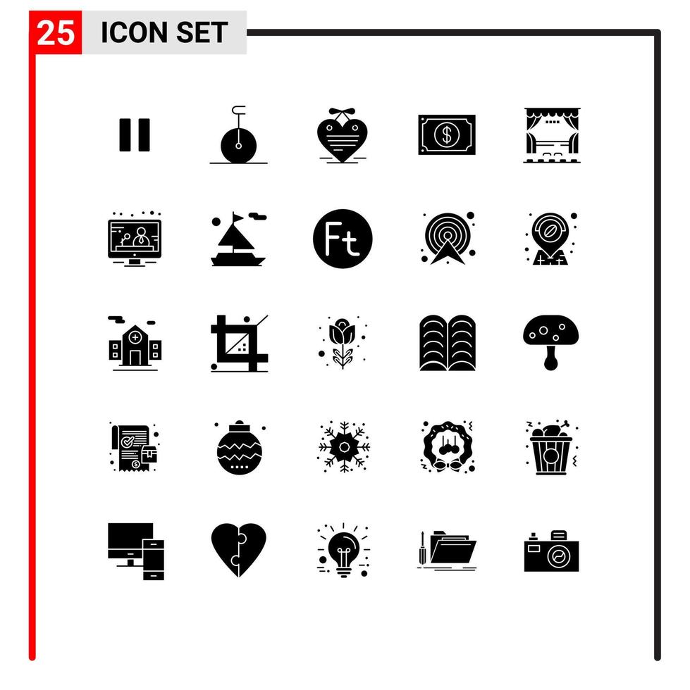 25 Thematic Vector Solid Glyphs and Editable Symbols of cinema wearable hanging heart watch money Editable Vector Design Elements