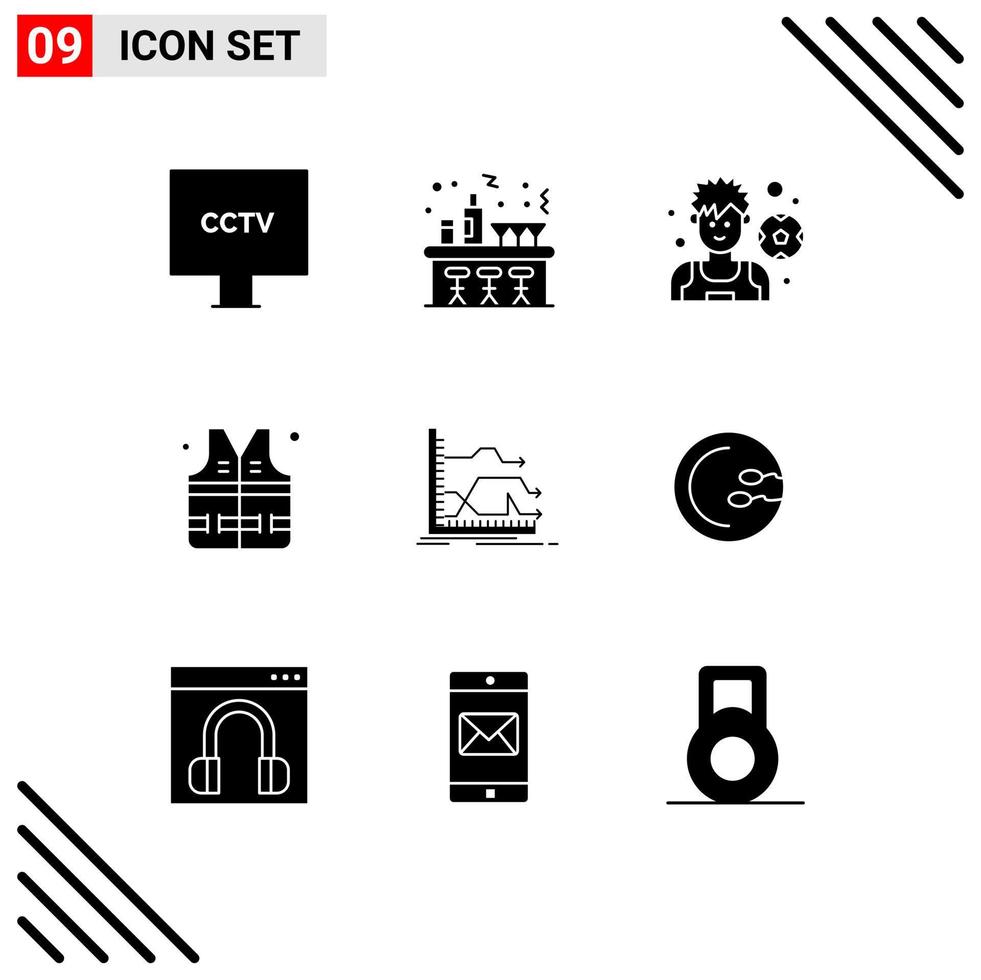 Set of 9 Vector Solid Glyphs on Grid for graph arrows party park lifejacket Editable Vector Design Elements