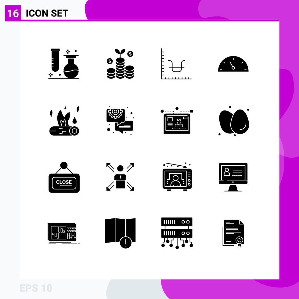 Universal Icon Symbols Group of 16 Modern Solid Glyphs of camping bonfire business speed gauge Editable Vector Design Elements